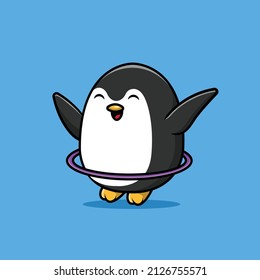Cute Penguin Playing Hulahoop Cartoon Vector Icon Illustration. Animal Sport Icon Concept Isolated Premium Vector. Flat Cartoon Style