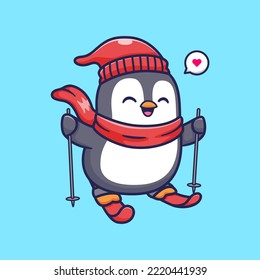 Cute Penguin Playing Ice Ski Cartoon Vector Icon Illustration. Animal Sport Icon Concept Isolated Premium Vector. Flat Cartoon Style