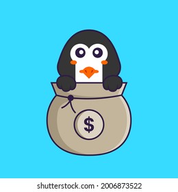 Cute penguin playing in money bag. Animal cartoon concept isolated. Can used for t-shirt, greeting card, invitation card or mascot.