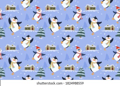 Cute penguin playing on snow pattern seamless pattern. This pattern can use for fabric textile wallpaper wrap paper.
