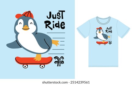 Cute penguin playing skateboard illustration with tshirt design premium vector the Concept of Isolated Technology. Flat Cartoon Style Suitable for Landing Web Pages,T shirt, Flyers, Stickers