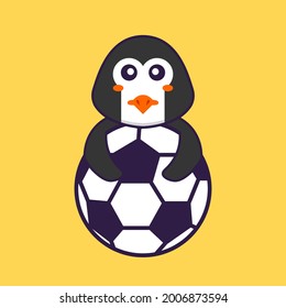 Cute penguin playing soccer. Animal cartoon concept isolated. Can used for t-shirt, greeting card, invitation card or mascot.