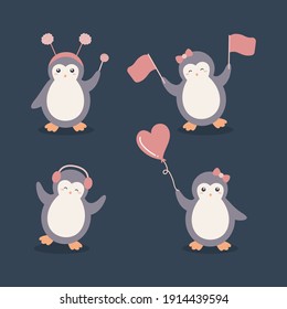 Cute Penguin Playing Various Poses Cartoon Character Set