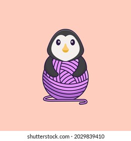 Cute penguin playing with wool yarn. Animal cartoon concept isolated. Can used for t-shirt, greeting card, invitation card or mascot.