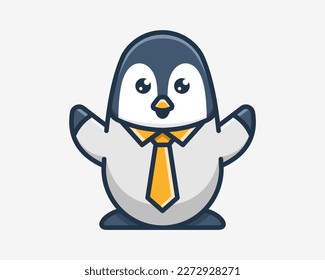 Cute Penguin Polar Animal Wear Tie Suit Confident Standing Cartoon Funny Mascot Vector Illustration