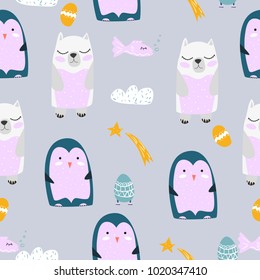 Cute. Penguin and polar bear. Seamless pattern. Scandinavian style. Children's. Postcard, clothes. Dream.