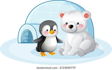 Lindo pingüino y oso polar se sientan juntos en el hielo, fondo de iglú, colores pastel suaves