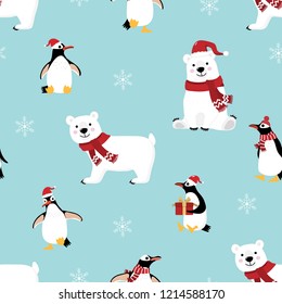 Cute penguin and polar bear in winter costume seamless pattern. Wildlife animal in Christmas holidays outfit background.

