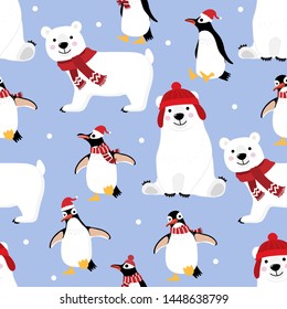 Cute penguin and polar bear in winter costume seamless pattern. Wildlife animal in Christmas holidays outfit background.