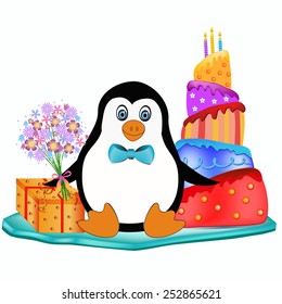 cute penguin with present, cake and flowers illustration