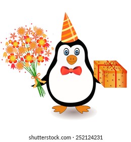 cute penguin with present and flowers illustration