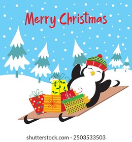 Lindo pingüino y regalos para la tarjeta de Navidad, bolsa de regalo o diseño de la caja