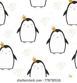 Cute penguin princess with golden brush elements seamless pattern. Vector hand drawn illustration.