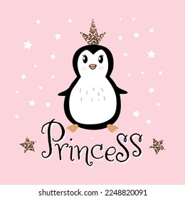 Cute penguin princess with golden glitter crown and stars. Hand drawn kids graphic. Vector illustration.