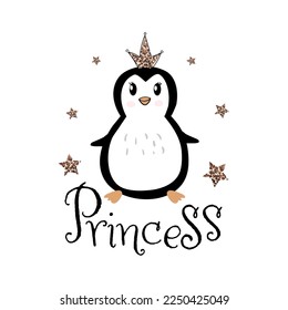 Cute penguin princess with golden glitter crown and stars. Hand drawn kids graphic. Vector illustration.