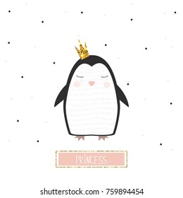 Cute penguin princess with golden glitter crown. Hand drawn kids graphic. Vector illustration.