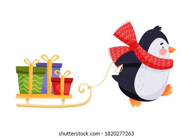 Cute Penguin Pulling Sledge with Gift Boxes Vector Illustration