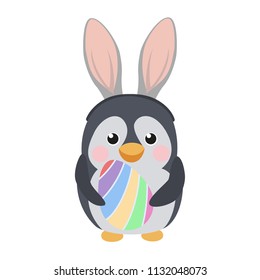 Cute penguin with rabbit ears and Easter egg