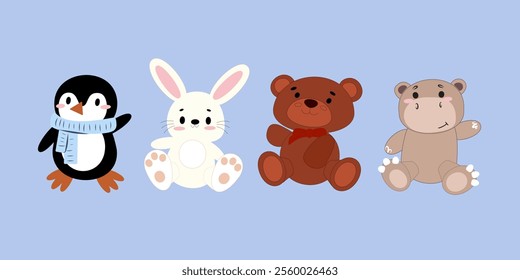 Cute penguin, rabbit, teddy bear, and hippo sitting on light blue background. Cartoon animal illustration. Child-friendly characters