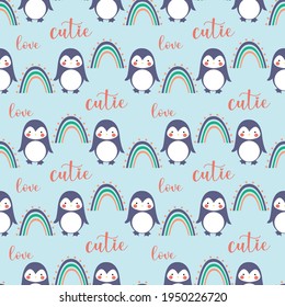 Cute Penguin and Rainbow Seamless Pattern Background, Christmas Vector illustration.Kids fashion seamless vector pattern with penguin. Cute happy adorable Penguin pattern.