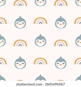 Cute Penguin and Rainbow Seamless Pattern Vector Illustration. Perfect for children's designs, wallpapers, and playful decor.