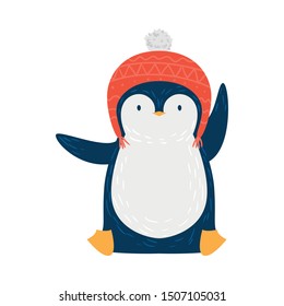 Cute penguin. Raster illustration in flat cartoon style