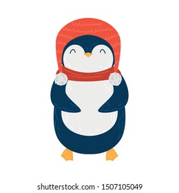 Cute penguin. Raster illustration in flat cartoon style