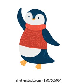 Cute penguin. Raster illustration in flat cartoon style