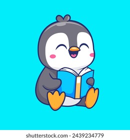 Cute Penguin Reading Book Cartoon Vector Icon Illustration. Animal Education Icon Concept Isolated Premium Vector. Flat Cartoon Style