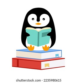 Cute penguin reading book in flat design on white background.