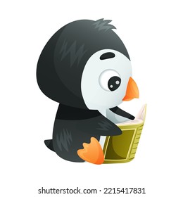Cute Penguin Reading Book in Hard Cover Enjoying Interesting Story Vector Illustration