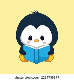 cute penguin reading book illustration	