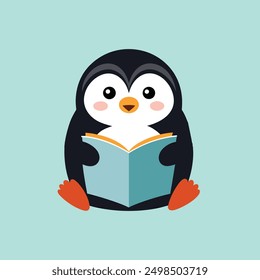 cute penguin reading book isolated back to school