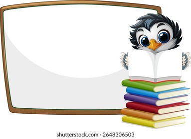 Pinguim bonito lendo livros perto de um quadro em branco