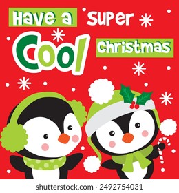 Cute Penguin in Red Background For Christmas Card or Bag design