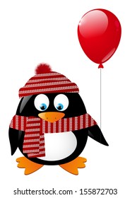 Cute penguin with red balloon