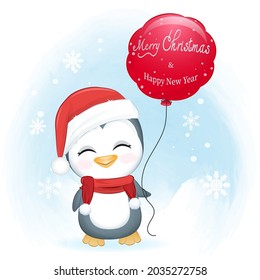 Cute Pinguin und roter Ballon im Winter, Weihnachtsgrafik.