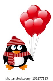 Cute penguin with red balloons