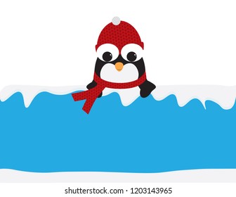 Cute Penguin with Red Beanie and scarf  behind a Blue sign with snow