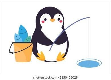 Cute Penguin with Red Cheeks with Fishing Rod Catching Fish Vector Illustration