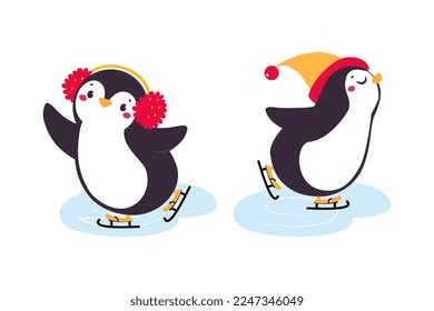 Cute Penguin with Red Cheeks in Hat and Earmuffs Ice Skating Vector Set