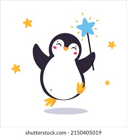 Cute Penguin with Red Cheeks Jumping with Magic Wand Vector Illustration