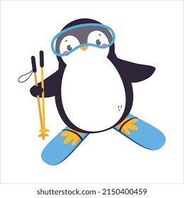 Cute Penguin with Red Cheeks Wearing Goggles Skiing Vector Illustration