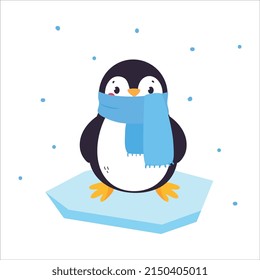 Cute Penguin with Red Cheeks Wearing Scarf Standing on Ice Plate Vector Illustration