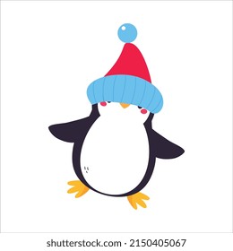 Cute Penguin with Red Cheeks Wearing Warm Winter Hat Vector Illustration