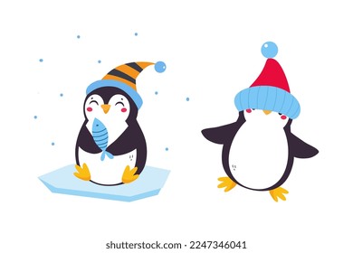 Pingüino con mejillas rojas con sombrero y conjunto de vectores de pescado