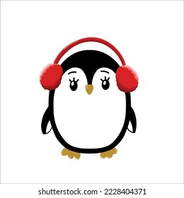 Cute penguin  with red fur earmuffs on his head. Winter illustration. Vector illustration. 