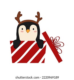 Cute penguin in red gift box