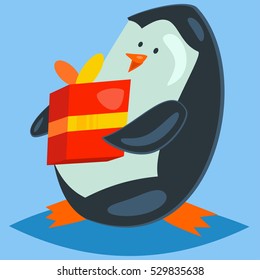 Cute penguin with a red gift box. Vector Christmas illustration.