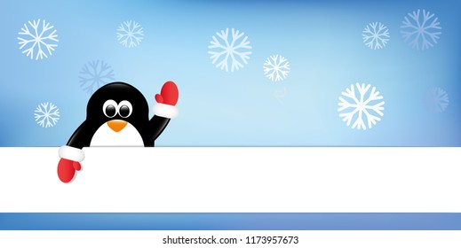 cute penguin with red with gloves merry christmas snow background vector illustration EPS10